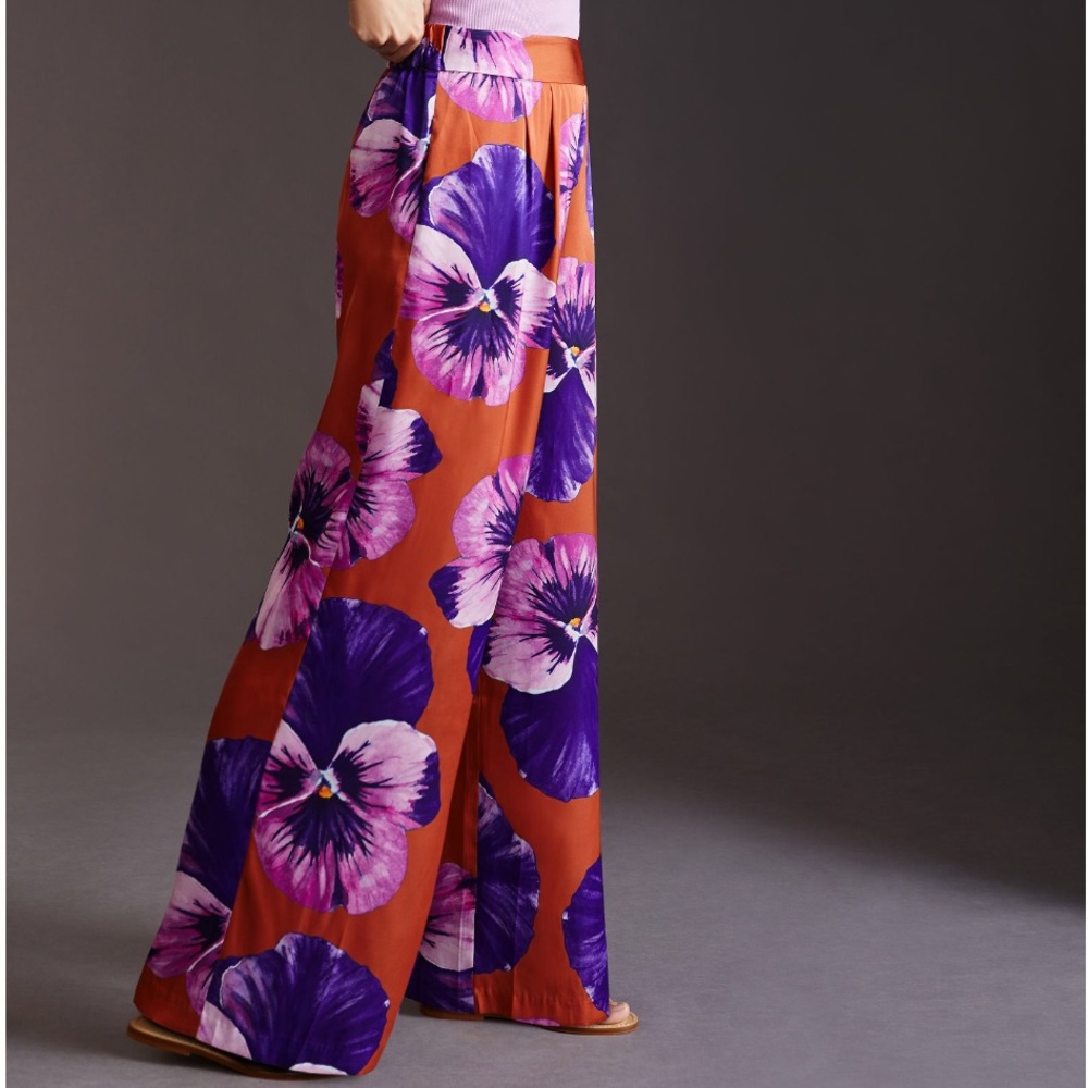 Anthropologie Wide-Leg Pants in Rust with Purple & Pink Floral Print - Picture 4 of 12